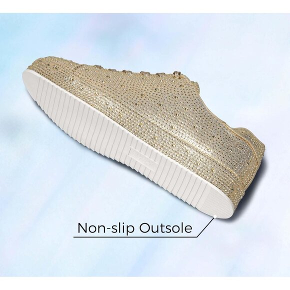 Lucky Step Gold Pewter Bridal Rhinestone Bling Glitter Bedazzled Shiny Sneakers - Picture 4 of 9